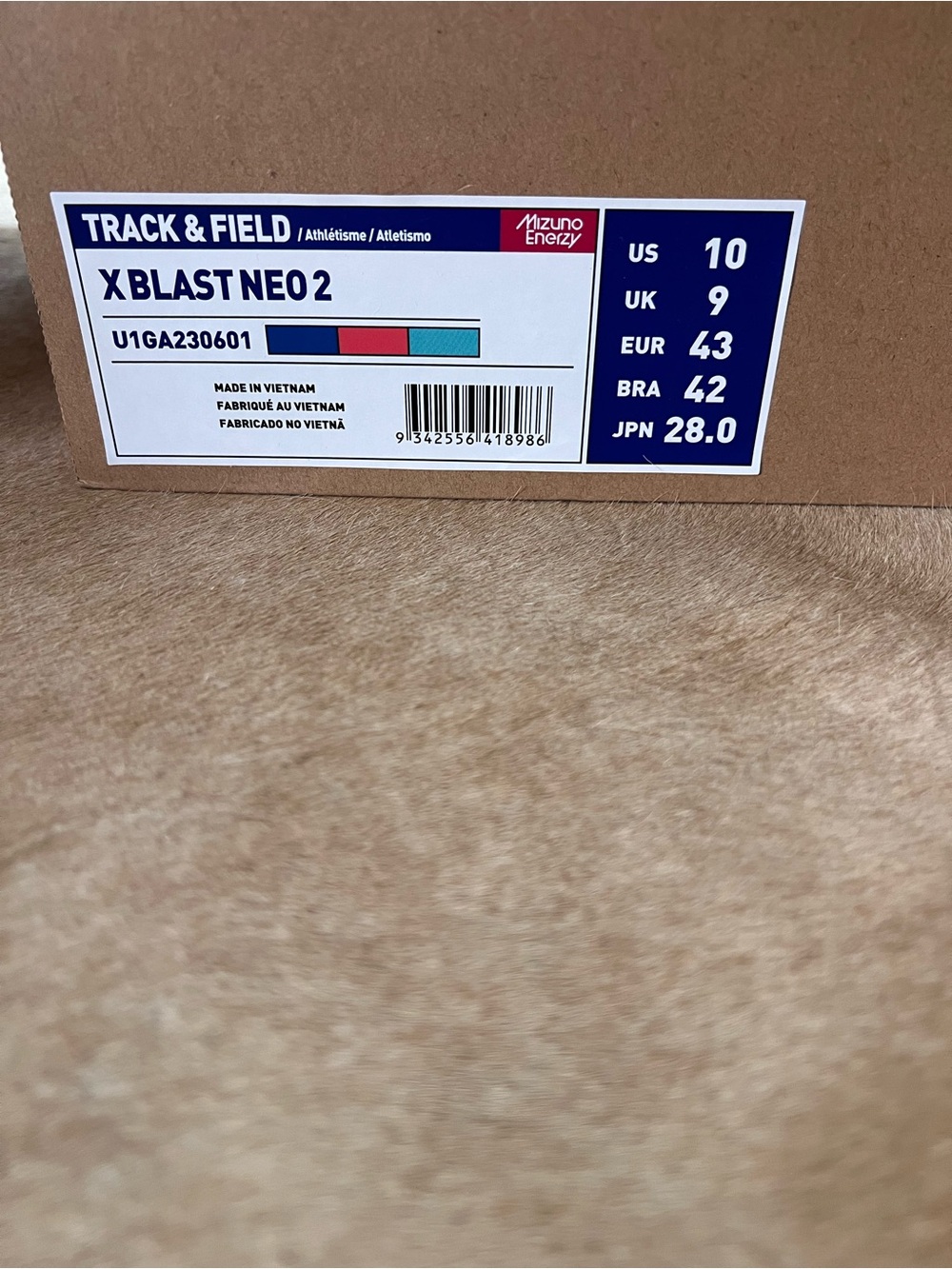 Mizuno Track & Field X Blast Neo 2 Box Label - Blue/Red/Teal Accents